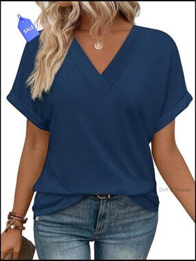 Dolman Sleeve V-Neck T-Shirt, Soft Polyester Rayon Blend, Loose Fit Summer Top